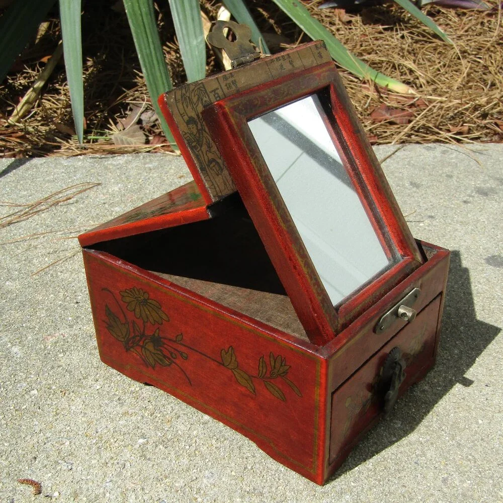 Vintage Chinese Red Lacquer Vanity Jewelry Box with Mirror & Dragon Motif